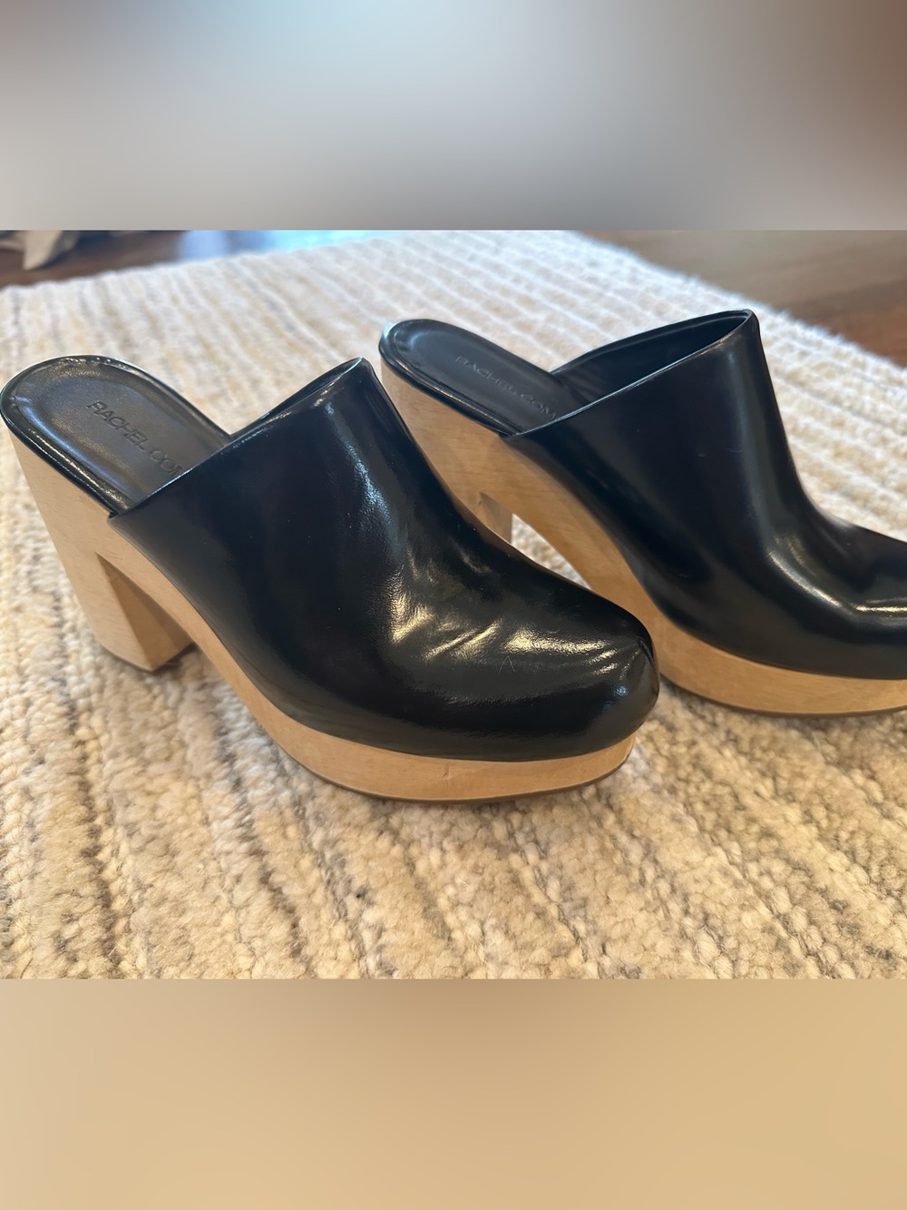 Rachel Comey: Platform Clog Mules in Black Leather with Wood-Effect Sole